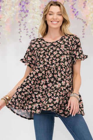 Shop Black Floral Celeste Full Size Floral Ruffled Short Sleeve Blouse - High-Quality U.S. Made Women’s Fashion with Free & Fast Shipping