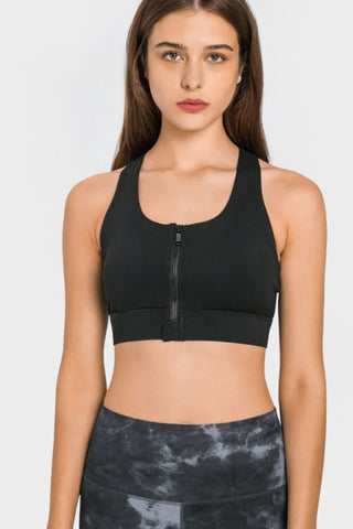 Shop Black Millennia Zip Up Racerback Sports Bra - High-Quality U.S. Made Women’s Fashion with Free & Fast Shipping