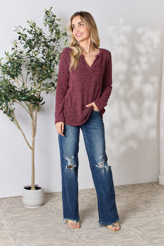 Shop Heimish Full Size Notched Long Sleeve Top - High-Quality U.S. Made Women’s Fashion with Free & Fast Shipping