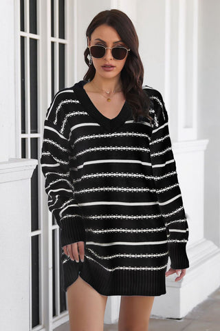 Shop Striped V-Neck Sweater Dress - High-Quality U.S. Made Women’s Fashion with Free & Fast Shipping