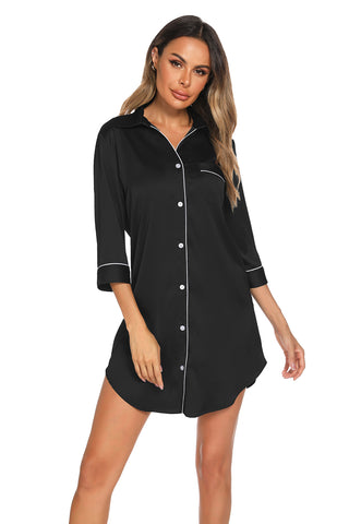 Shop Button Up Collared Neck Night Dress with Pocket - High-Quality U.S. Made Women’s Fashion with Free & Fast Shipping