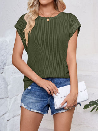 Shop Lovelet Textured Round Neck Cap Sleeve Blouse - High-Quality U.S. Made Women’s Fashion with Free & Fast Shipping