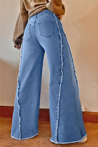 Shop Raw Hem Wide Leg Jeans with Pockets - High-Quality U.S. Made Women’s Fashion with Free & Fast Shipping