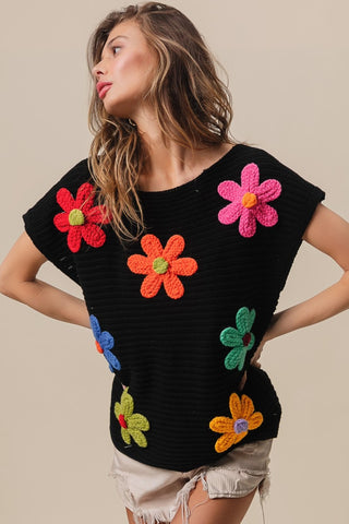 Shop BiBi Flower Round Neck Cap Sleeve Knit Top - High-Quality U.S. Made Women’s Fashion with Free & Fast Shipping