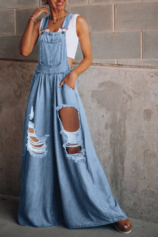 Shop Distressed Wide Leg Denim Overalls - High-Quality U.S. Made Women’s Fashion with Free & Fast Shipping