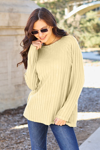 Shop Light Yellow Basic Bae Full Size Ribbed Round Neck Long Sleeve Knit Top - High-Quality U.S. Made Women’s Fashion with Free & Fast Shipping