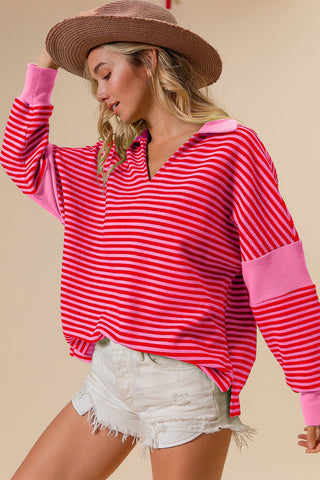 Shop BiBi Striped Contrast Long Sleeve Knit Top - High-Quality U.S. Made Women’s Fashion with Free Fast Shipping