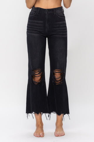 Shop Black Vervet by Flying Monkey Vintage Ultra High Waist Distressed Crop Flare Jeans - High-Quality U.S. Made Women’s Fashion with Free & Fast Shipping