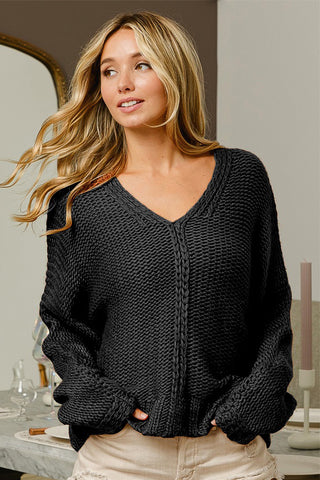 Shop Black BiBi V-Neck Cable Knit Sweater - High-Quality U.S. Made Women’s Fashion with Free & Fast Shipping