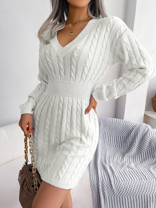 Shop Cable-Knit V-Neck Mini Sweater Dress - High-Quality U.S. Made Women’s Fashion with Free Fast Shipping