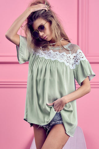 Shop BiBi Lace Detail Short Sleeve Striped Blouse - High-Quality U.S. Made Women’s Fashion with Free & Fast Shipping