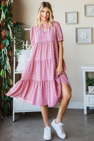 Shop Pink Multi First Love Tiered Geometric Notched Short Sleeve Dress - High-Quality U.S. Made Women’s Fashion with Free & Fast Shipping