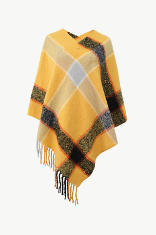 Shop Plaid Fringe Detail Poncho - High-Quality U.S. Made Women’s Fashion with Free Fast Shipping