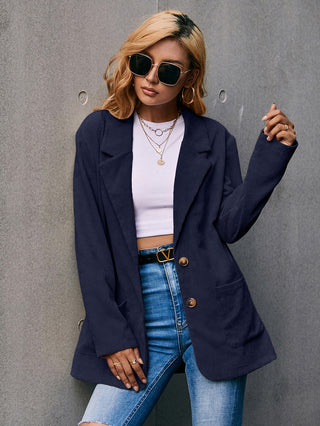 Shop Navy Corduroy Long Sleeve Longline Blazer with Pockets - High-Quality U.S. Made Women’s Fashion with Free & Fast Shipping