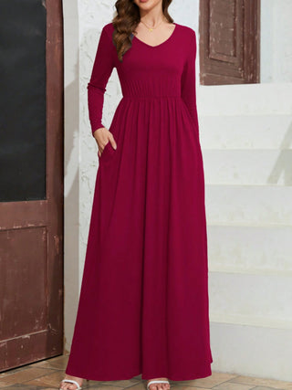 Shop Burgundy Pocketed V-Neck Long Sleeve Maxi Dress - High-Quality U.S. Made Women’s Fashion with Free & Fast Shipping