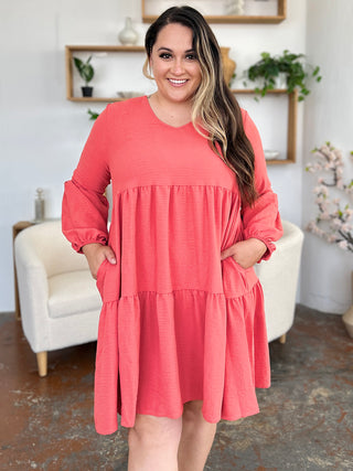 Shop Coral Double Take Full Size V-Neck Balloon Sleeve Tiered Dress with Pockets - High-Quality U.S. Made Women’s Fashion with Free & Fast Shipping