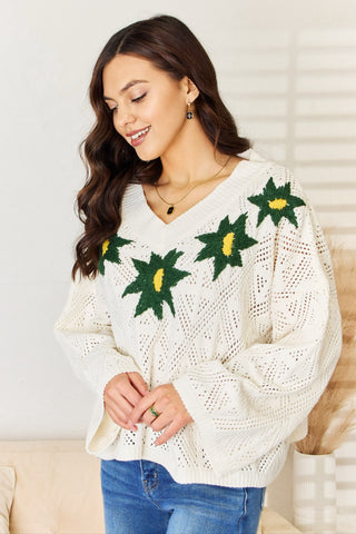 Shop POL Floral Embroidered Pattern V-Neck Sweater - High-Quality U.S. Made Women’s Fashion with Free Fast Shipping