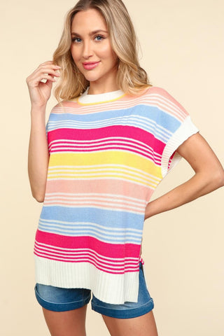 Shop Blue Fuchsia Yellow Haptics Striped Side Slit Short Sleeve Knit Top - High-Quality U.S. Made Women’s Fashion with Free & Fast Shipping