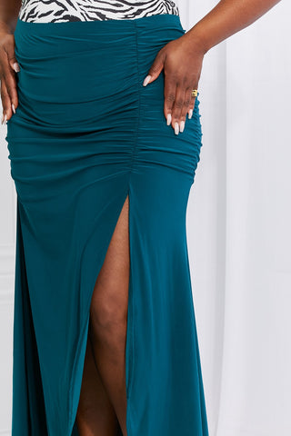 Shop White Birch Full Size Up and Up Ruched Slit Maxi Skirt in Teal - High-Quality U.S. Made Women’s Fashion with Free & Fast Shipping