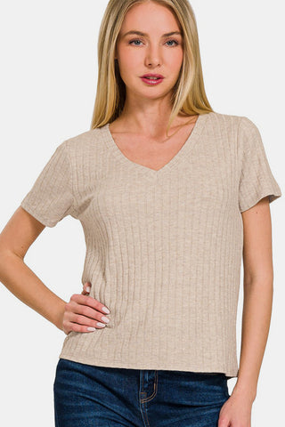 Shop Ash Mocha Zenana Ribbed Short Sleeve T-Shirt - High-Quality U.S. Made Women’s Fashion with Free & Fast Shipping