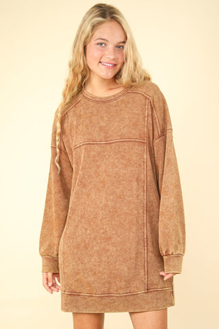 Shop Camel VERY J Mineral Washed Oversized Sweatshirt Mini Dress - High-Quality U.S. Made Women’s Fashion with Free & Fast Shipping