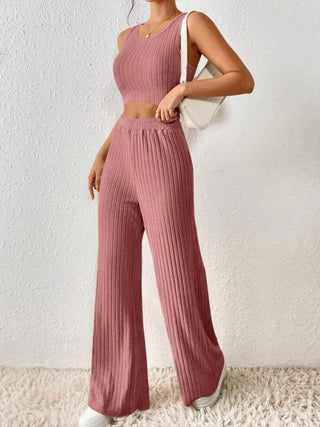 Shop Dusty Pink Ribbed Round Neck Tank and Pants Sweater Set - High-Quality U.S. Made Women’s Fashion with Free & Fast Shipping