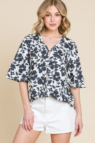 Shop BOMBOM Floral Decorative Button V-Neck Top - High-Quality U.S. Made Women’s Fashion with Free & Fast Shipping