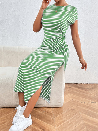 Shop Honey Tied Striped Round Neck Short Sleeve Tee Dress - High-Quality U.S. Made Women’s Fashion with Free Fast Shipping