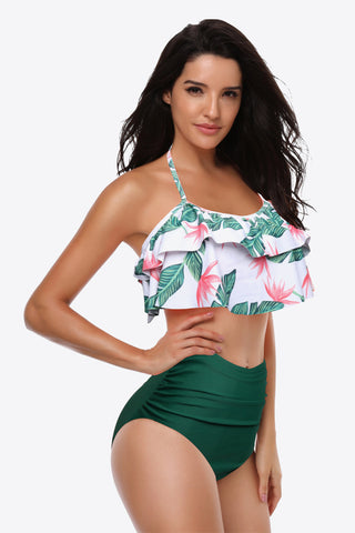 Shop Two-Tone Ruffled Halter Neck Two-Piece Swimsuit - High-Quality U.S. Made Women’s Fashion with Free & Fast Shipping