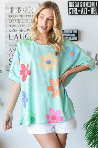 Shop Neon Green HOPELY Floral Waffle Oversize T-Shirt - High-Quality U.S. Made Women’s Fashion with Free & Fast Shipping