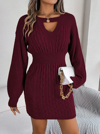 Shop Wine Cable-Knit Cutout Round Neck Slit Sweater Dress - High-Quality U.S. Made Women’s Fashion with Free & Fast Shipping