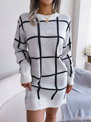 Shop Plaid Round Neck Dropped Shoulder Sweater Dress - High-Quality U.S. Made Women’s Fashion with Free Fast Shipping