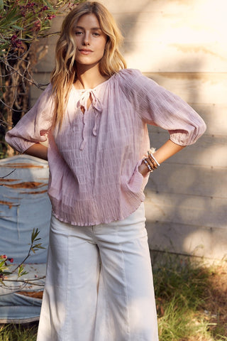 Shop Dusty Pink In February Textured Tie Neck Blouse - High-Quality U.S. Made Women’s Fashion with Free & Fast Shipping