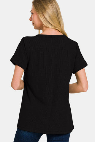 Shop Zenana Notched Short Sleeve Waffle T-Shirt - High-Quality U.S. Made Women’s Fashion with Free & Fast Shipping