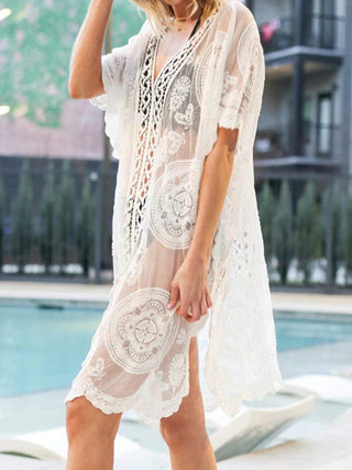 Shop White One Size Lace V-Neck Half Sleeve Cover-Up - High-Quality U.S. Made Women’s Fashion with Free & Fast Shipping