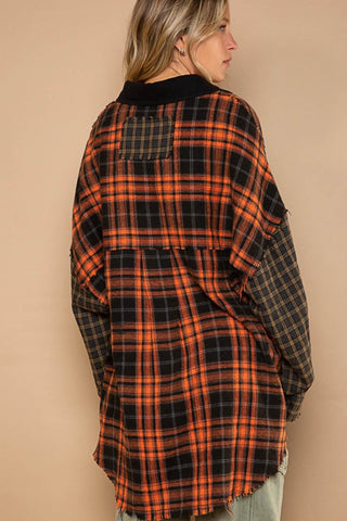 Shop POL Plaid Contrast Long Sleeve Raw Hem Shacket with Chest Pockets - High-Quality U.S. Made Women’s Fashion with Free & Fast Shipping