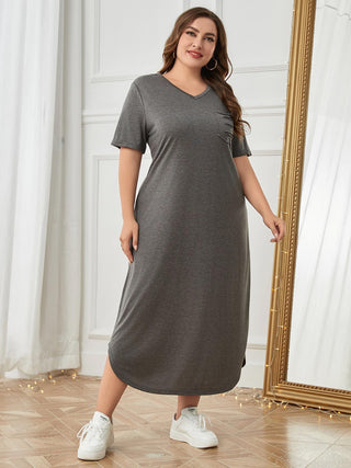 Shop Plus Size Pocketed V-Neck Short Sleeve Lounge Dress - High-Quality U.S. Made Women’s Fashion with Free Fast Shipping