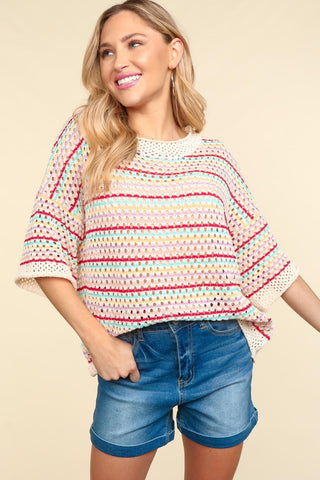 Shop Haptics Striped Crochet Drop Shoulder Knit Top - High-Quality U.S. Made Women’s Fashion with Free & Fast Shipping