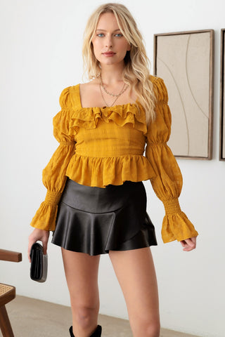 Shop Mustard Seed Boho Shirred Smocked Peplum Long Sleeve Top - High-Quality U.S. Made Women’s Fashion with Free & Fast Shipping