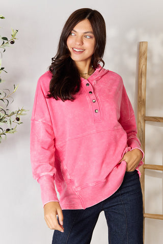 Shop Fuchsia Zenana Half Snap Long Sleeve Hoodie with Pockets - High-Quality U.S. Made Women’s Fashion with Free & Fast Shipping