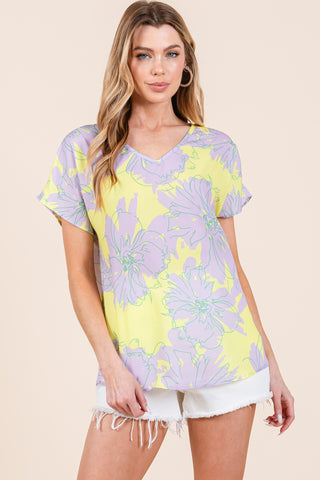 Shop Lilac-Yellow BOMBOM Floral Short Sleeve T-Shirt - High-Quality U.S. Made Women’s Fashion with Free & Fast Shipping