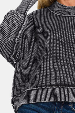 Shop Zenana Exposed Seam Round Neck Dropped Shoulder Sweater - High-Quality U.S. Made Women’s Fashion with Free & Fast Shipping