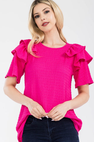 Shop Fuchsia Celeste Full Size Ruffle Layered Short Sleeve Texture Top - High-Quality U.S. Made Women’s Fashion with Free & Fast Shipping