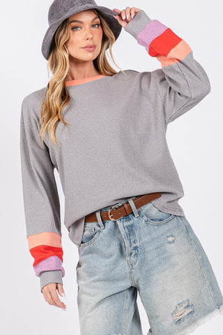 Shop Grey SAGE + FIG Color Block Waffle Knit T-Shirt - High-Quality U.S. Made Women’s Fashion with Free & Fast Shipping