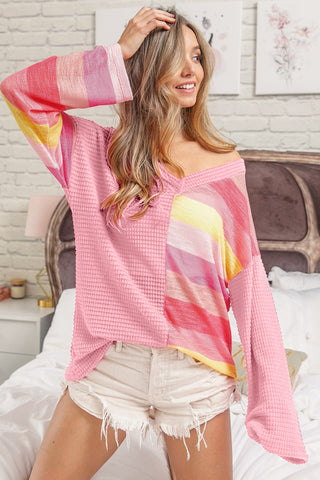 Shop PINK BiBi Striped Contrast Waffle Long Sleeve Top - High-Quality U.S. Made Women’s Fashion with Free & Fast Shipping