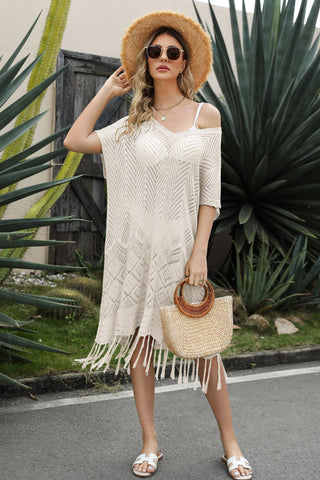 Shop V-Neck Short Sleeve Fringe Hem Knit Dress - High-Quality U.S. Made Women’s Fashion with Free & Fast Shipping