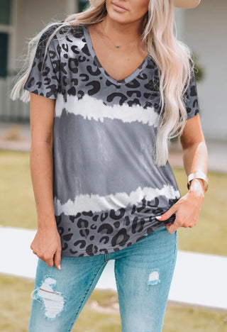 Shop Cloudy Blue Leopard V-Neck Short Sleeve T-Shirt - High-Quality U.S. Made Women’s Fashion with Free & Fast Shipping