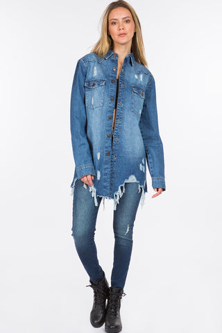 Shop American Bazi Distressed Frayed Hem Denim Jacket - High-Quality U.S. Made Women’s Fashion with Free & Fast Shipping