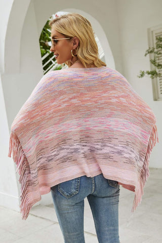 Shop Round Neck Fringe Detail Poncho - High-Quality U.S. Made Women’s Fashion with Free Fast Shipping