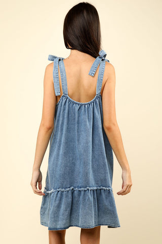 Shop VERY J Shoulder Tie Washed Denim Mini Dress - High-Quality U.S. Made Women’s Fashion with Free Fast Shipping